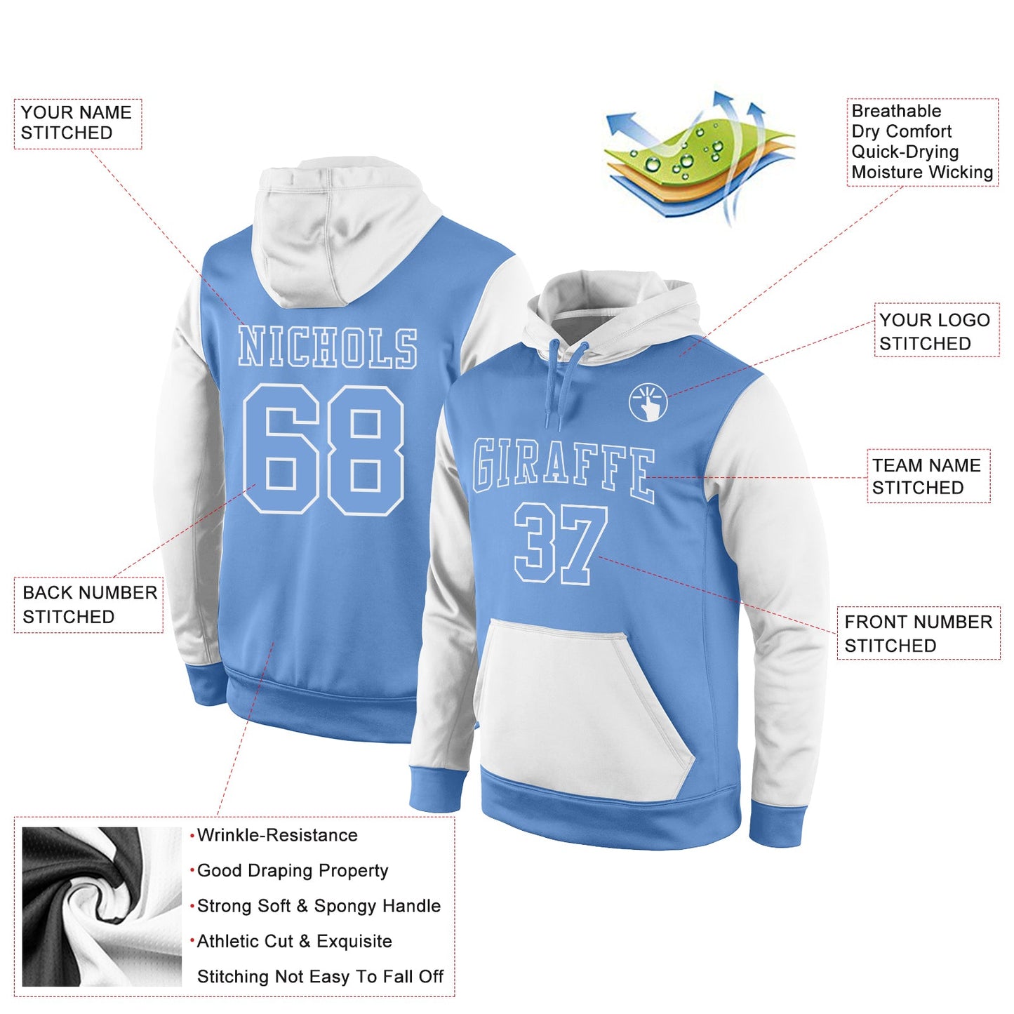 Custom Stitched Light Blue Light Blue-White Sports Pullover Sweatshirt Hoodie view 2