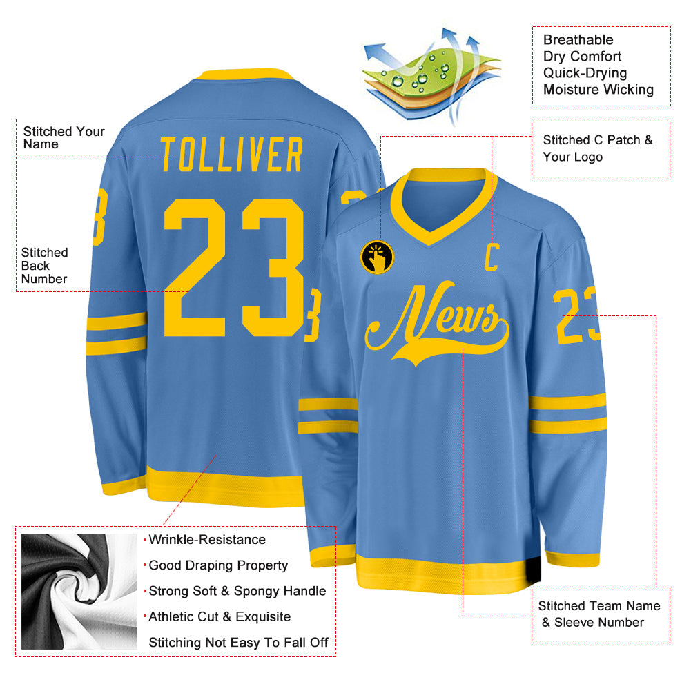 Custom Light Blue Gold Hockey Jersey view 2