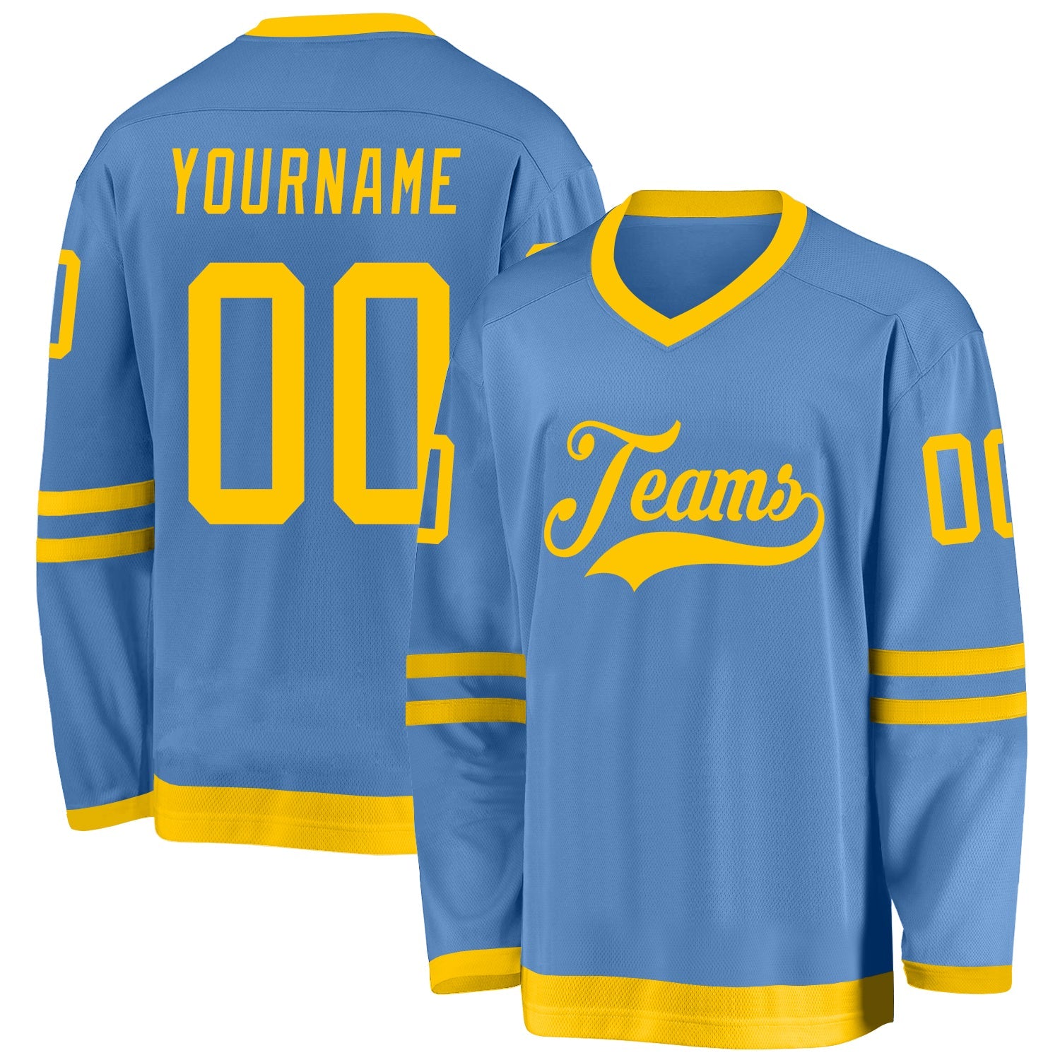 Custom Light Blue Gold Hockey Jersey - Main View
