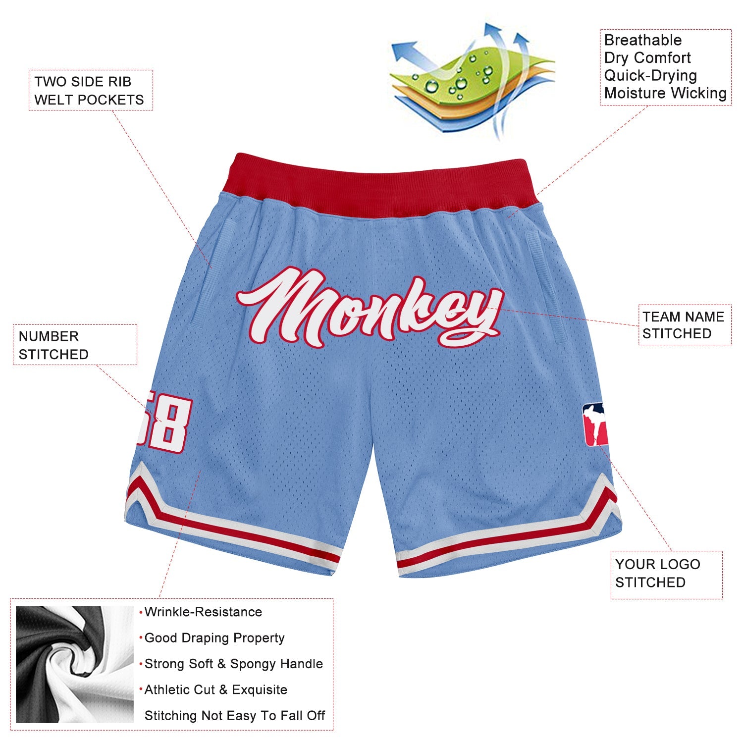 Custom Light Blue White-Red Authentic Throwback Basketball Shorts view 2