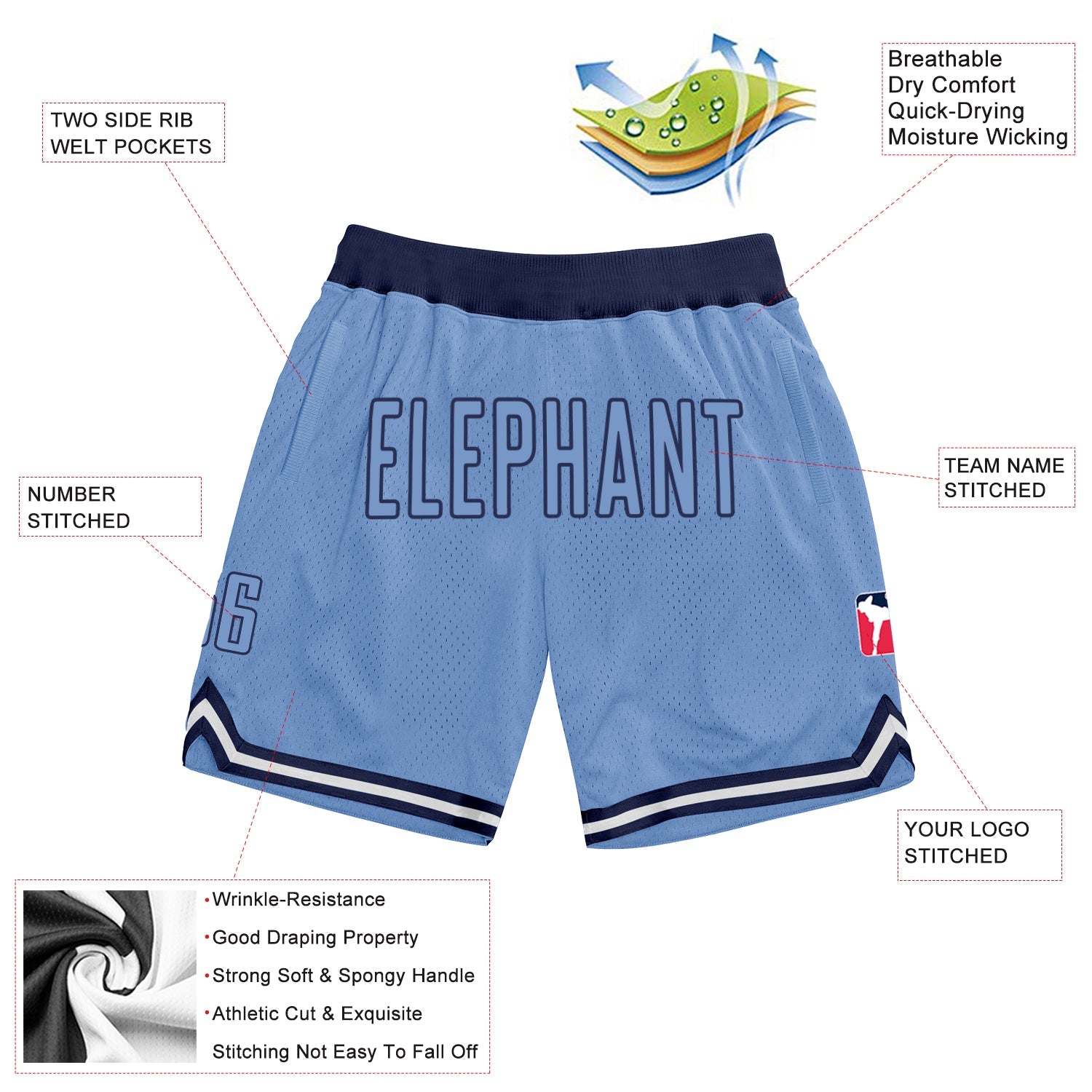 Custom Light Blue Light Blue-Navy Authentic Throwback Basketball Shorts view 2