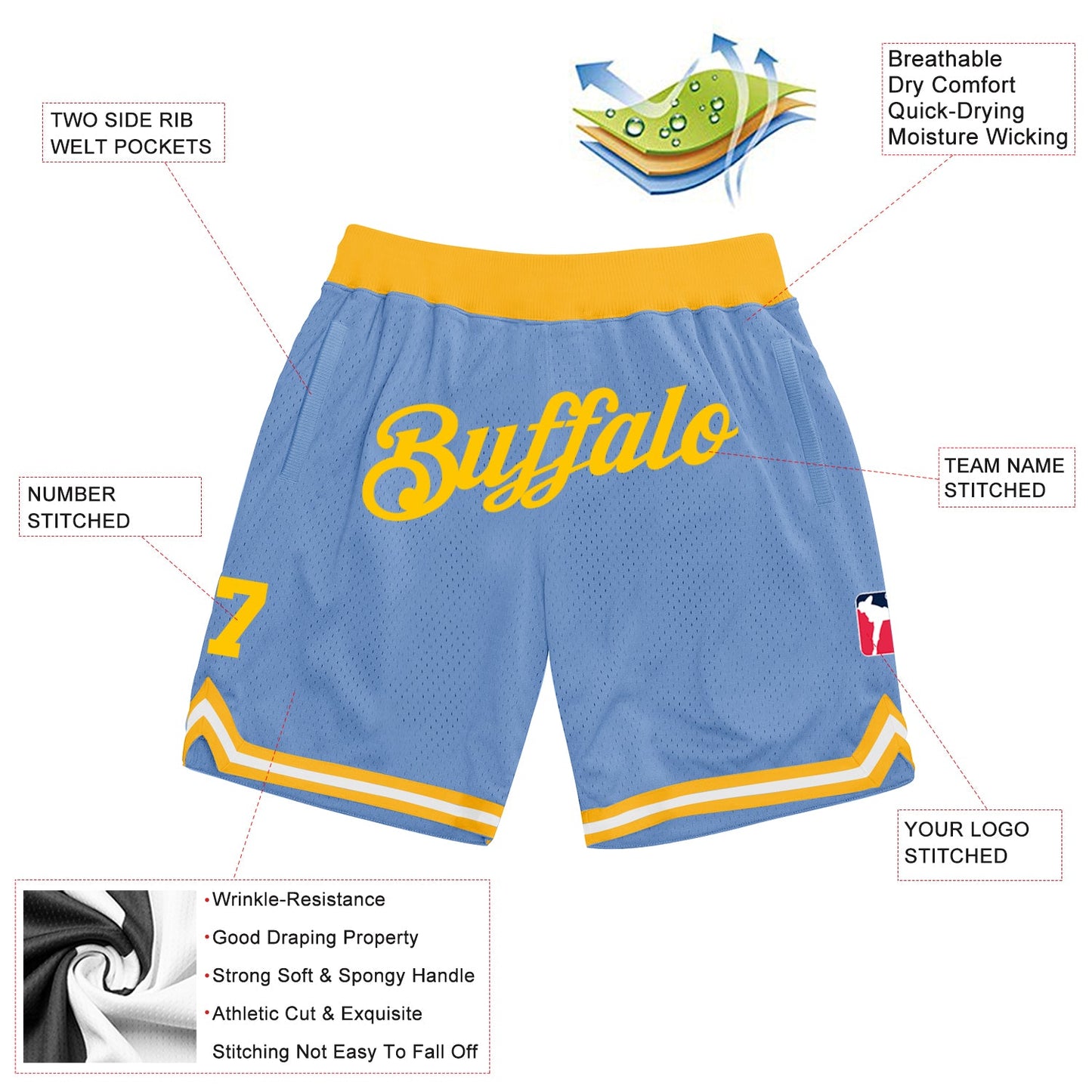 Custom Light Blue Gold Authentic Throwback Basketball Shorts view 2