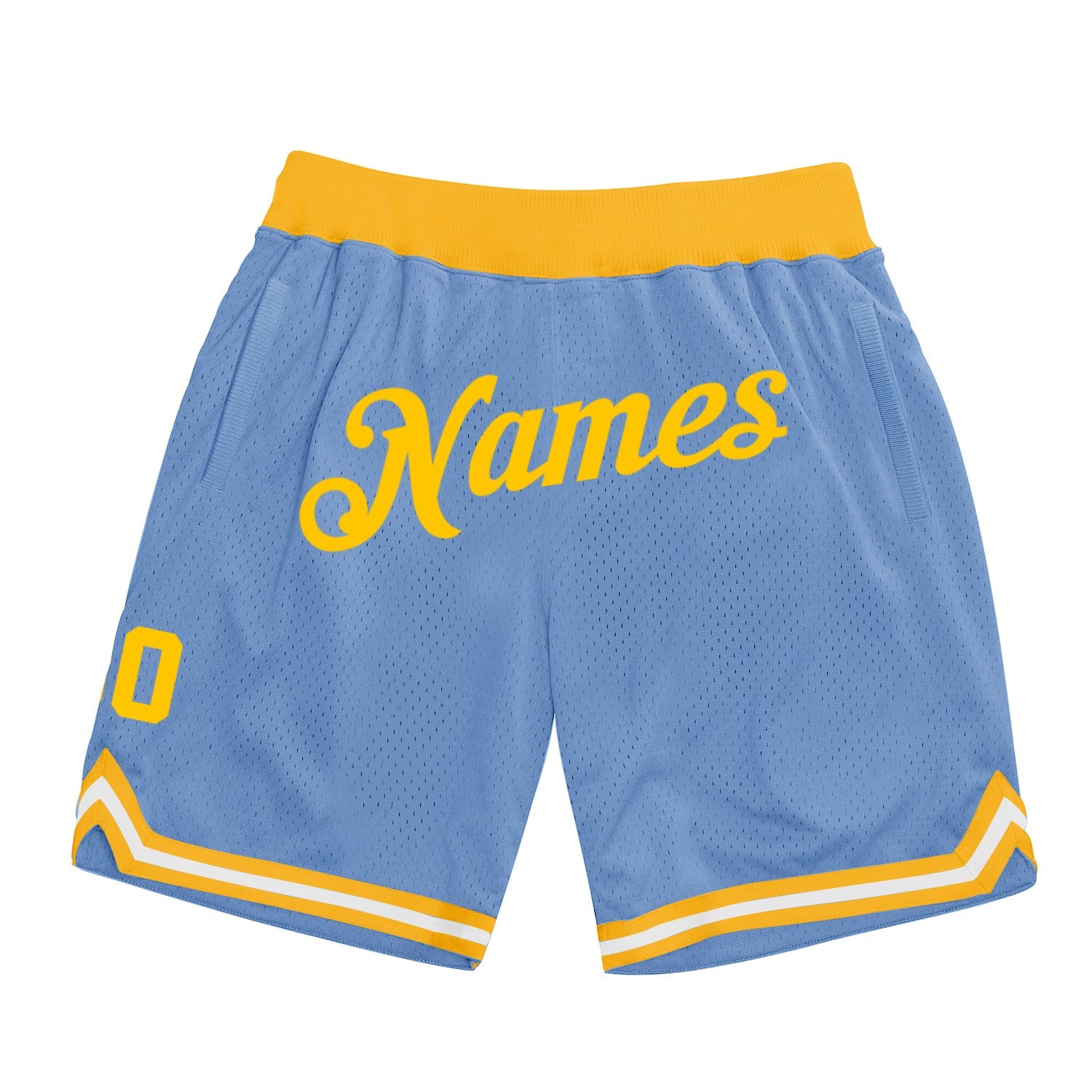 Custom Light Blue Gold Authentic Throwback Basketball Shorts - Main View