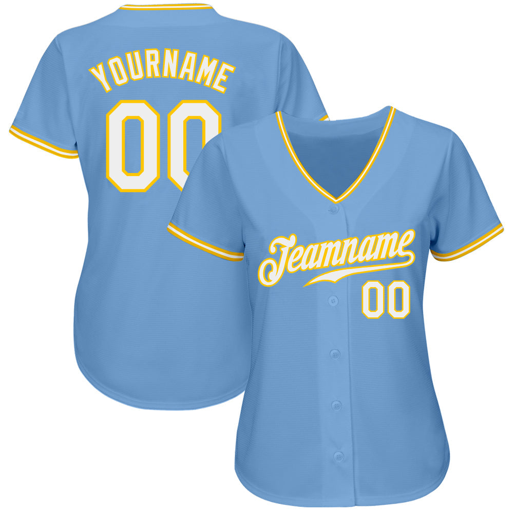 Custom Light Blue White-Gold Authentic Baseball Jersey view 2