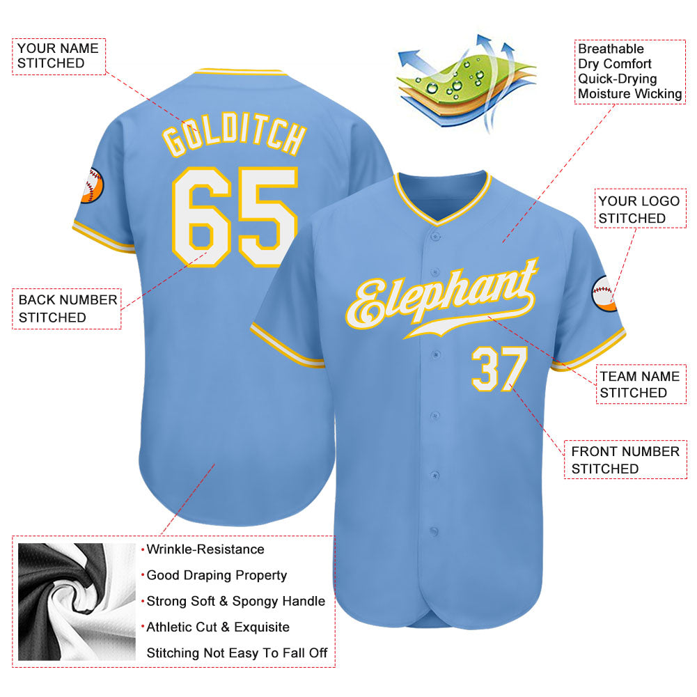 Custom Light Blue White-Gold Authentic Baseball Jersey view 3