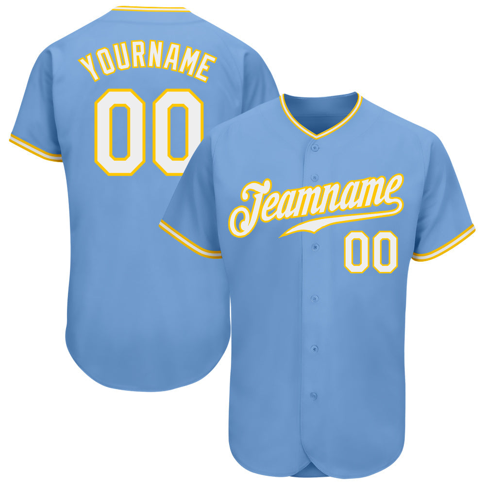 Custom Light Blue White-Gold Authentic Baseball Jersey - Main View