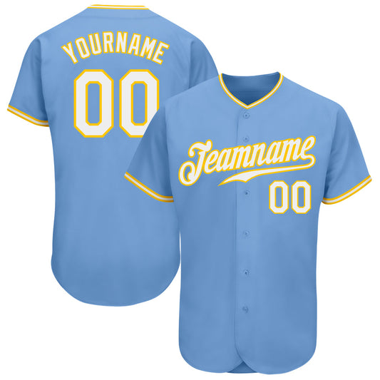 Custom Light Blue White-Gold Authentic Baseball Jersey - Main View