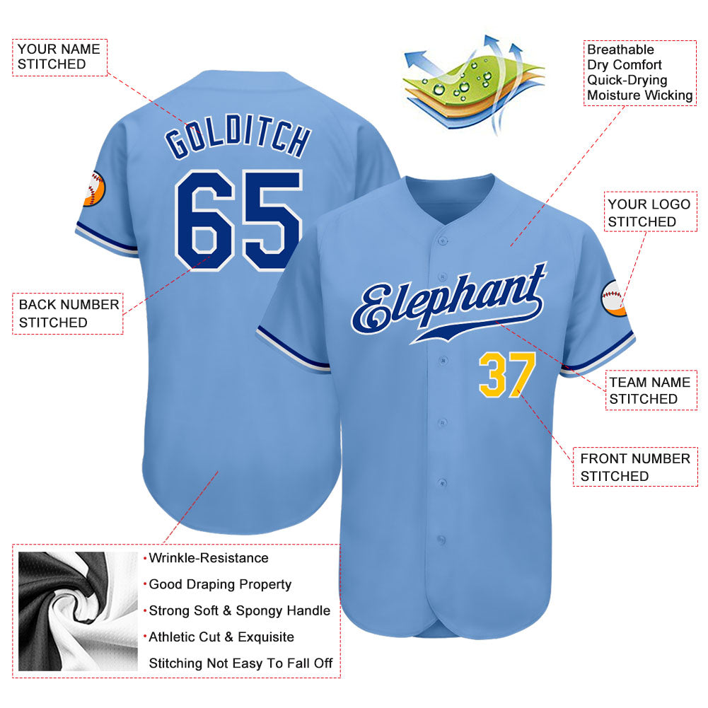 Custom Light Blue Royal-Gold Authentic Baseball Jersey view 3