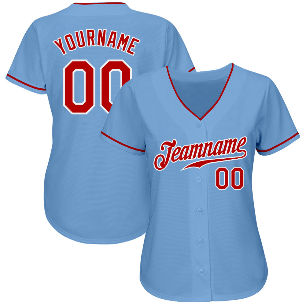 Custom Light Blue Red-White Authentic Baseball Jersey view 2