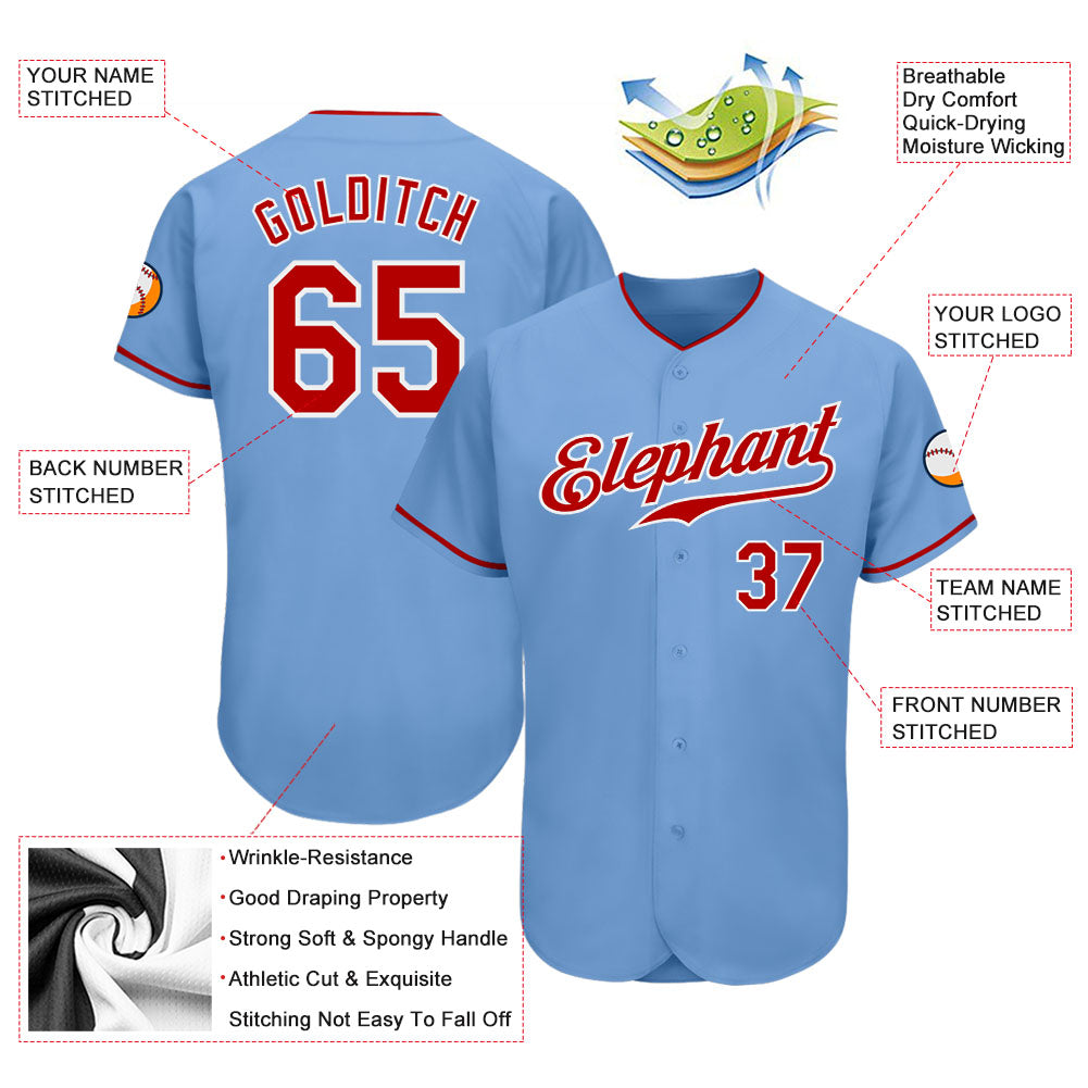 Custom Light Blue Red-White Authentic Baseball Jersey view 3