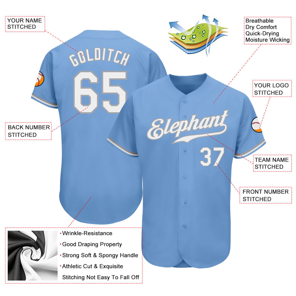 Custom Light Blue White-Gray Authentic Baseball Jersey view 4