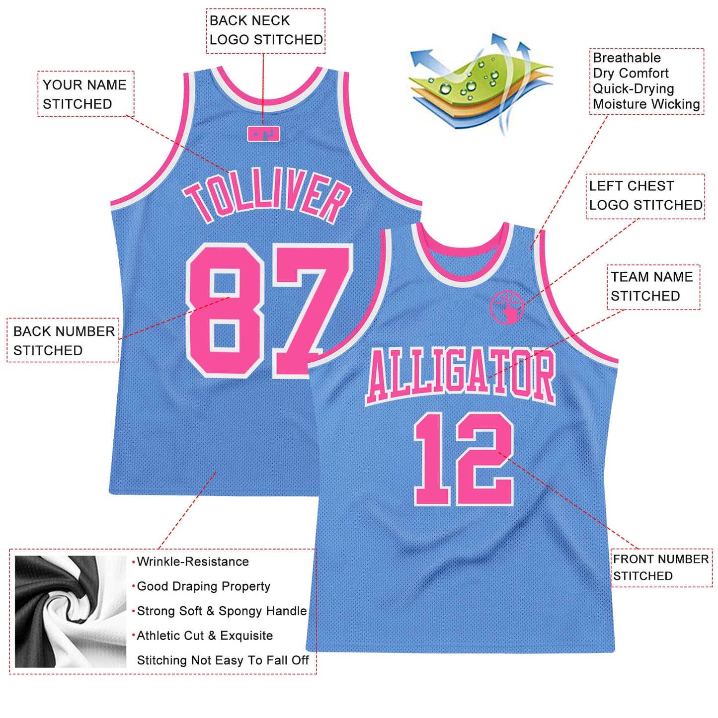 Custom Light Blue Pink-White Authentic Throwback Basketball Jersey view 2