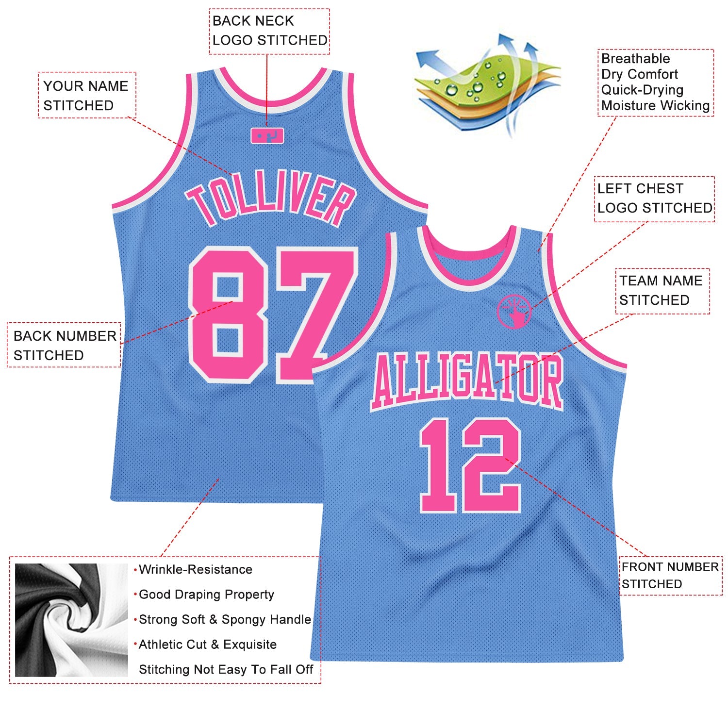 Custom Light Blue Pink-White Authentic Throwback Basketball Jersey view 2