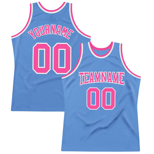 Custom Light Blue Pink-White Authentic Throwback Basketball Jersey - Main View