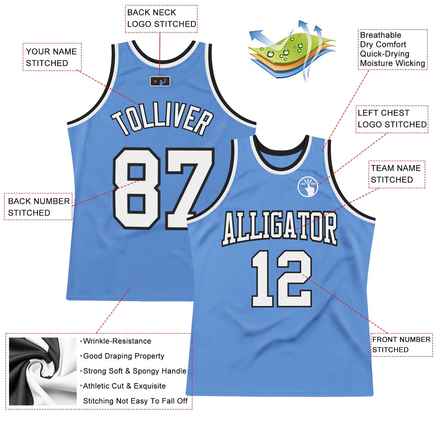 Custom Light Blue White-Black Authentic Throwback Basketball Jersey view 2