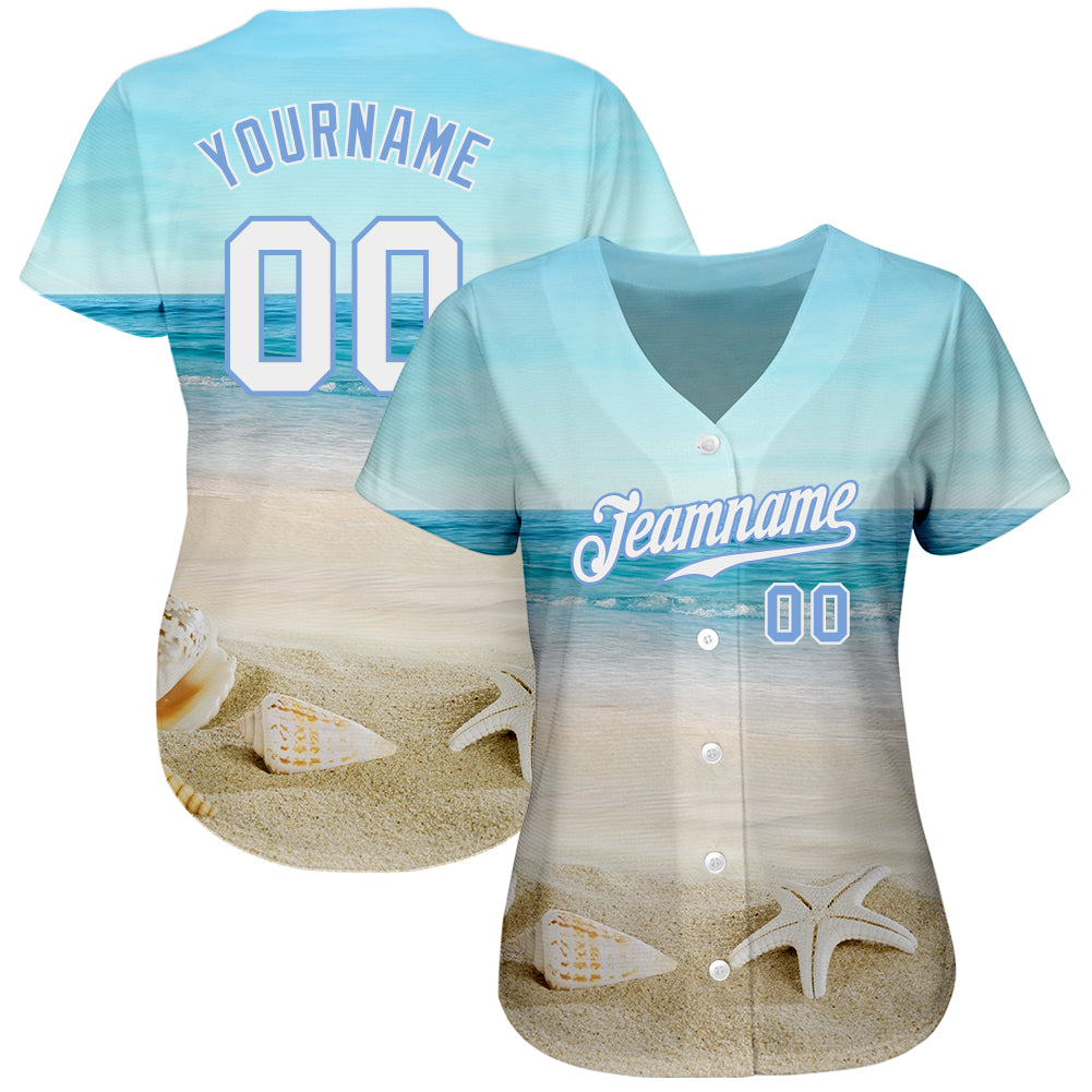 Custom Light Blue White-Light Blue 3D Pattern Design Beach Authentic Baseball Jersey view 2