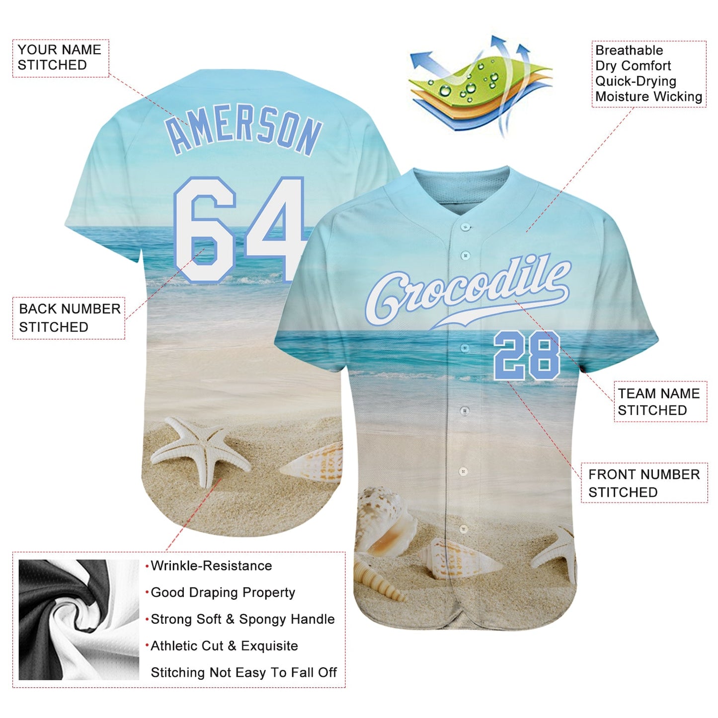 Custom Light Blue White-Light Blue 3D Pattern Design Beach Authentic Baseball Jersey view 3
