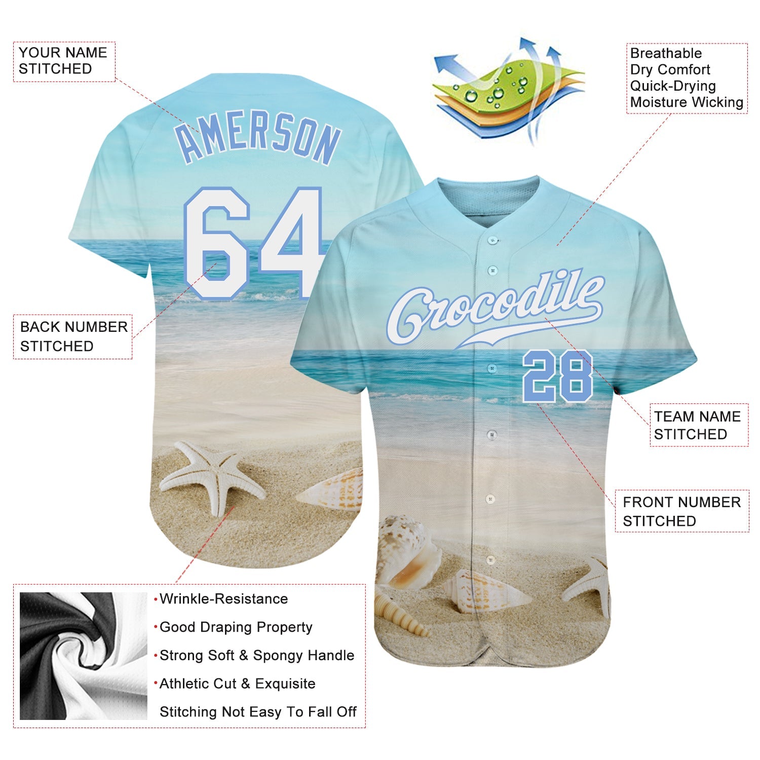 Custom Light Blue White-Light Blue 3D Pattern Design Beach Authentic Baseball Jersey view 3