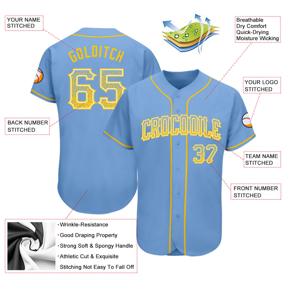 Custom Light Blue Gold-White Authentic Drift Fashion Baseball Jersey view 3