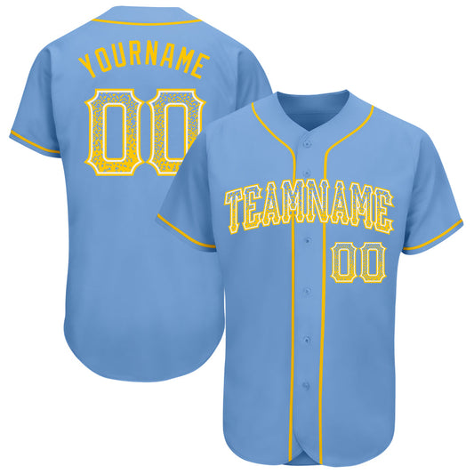 Custom Light Blue Gold-White Authentic Drift Fashion Baseball Jersey - Main View