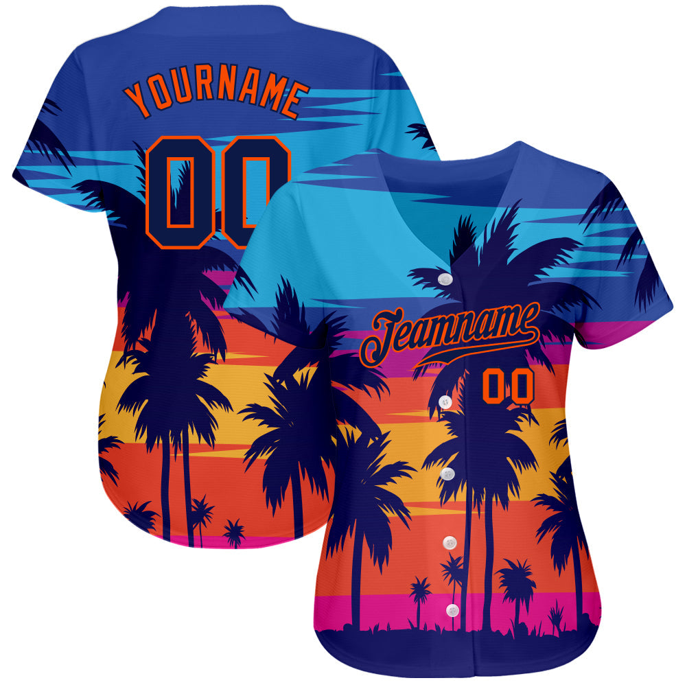 Custom Royal Navy-Orange 3D Pattern Design Palm Trees Authentic Baseball Jersey view 2