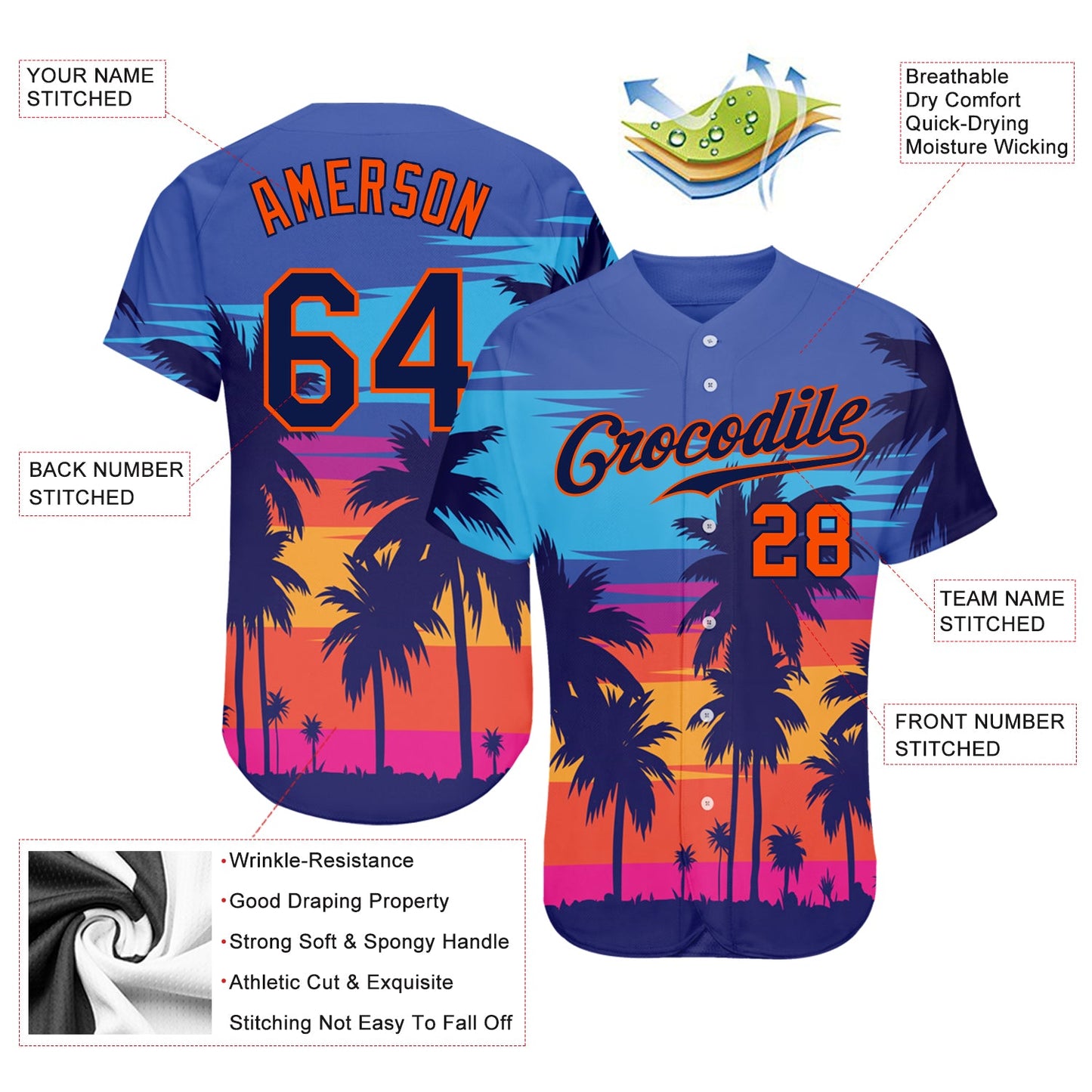 Custom Royal Navy-Orange 3D Pattern Design Palm Trees Authentic Baseball Jersey view 3