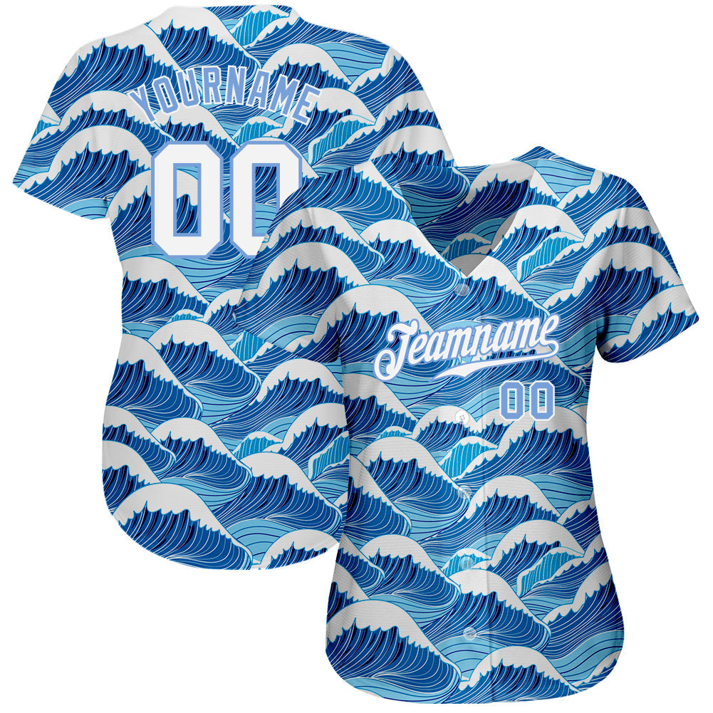 Custom Light Blue White-Light Blue 3D Pattern Design Waves Authentic Baseball Jersey view 2