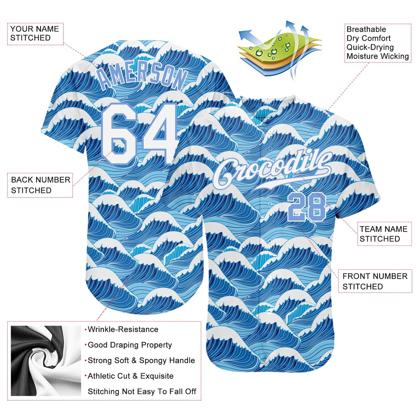 Custom Light Blue White-Light Blue 3D Pattern Design Waves Authentic Baseball Jersey view 3