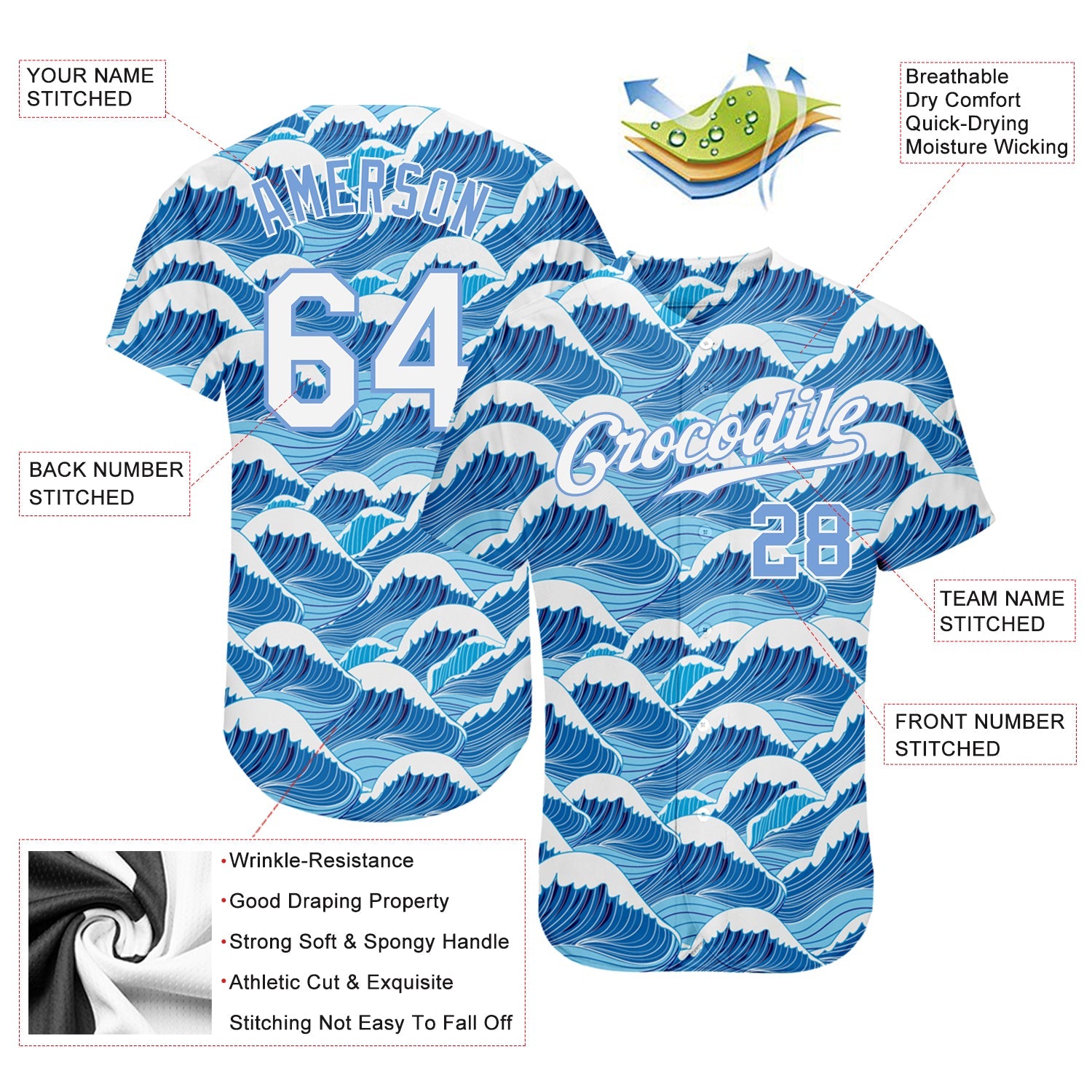 Custom Light Blue White-Light Blue 3D Pattern Design Waves Authentic Baseball Jersey view 3