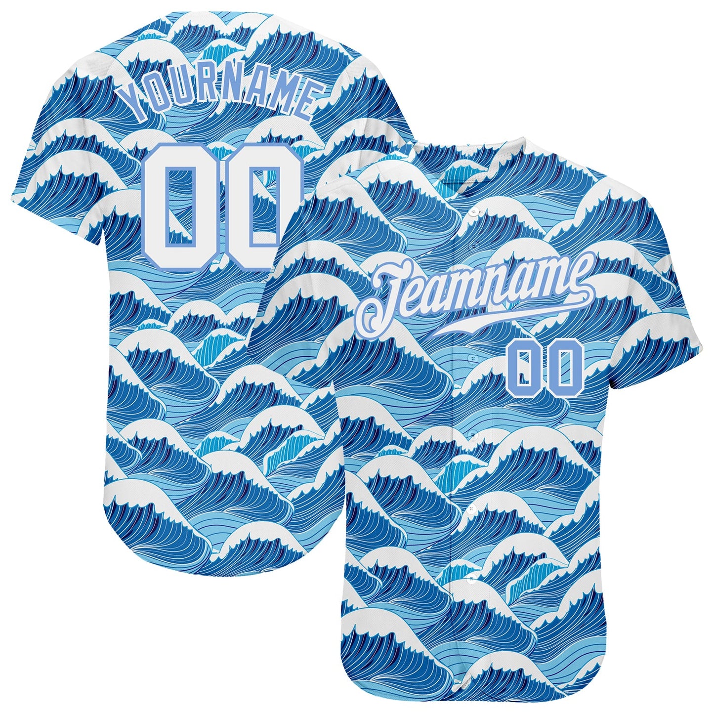Custom Light Blue White-Light Blue 3D Pattern Design Waves Authentic Baseball Jersey - Main View
