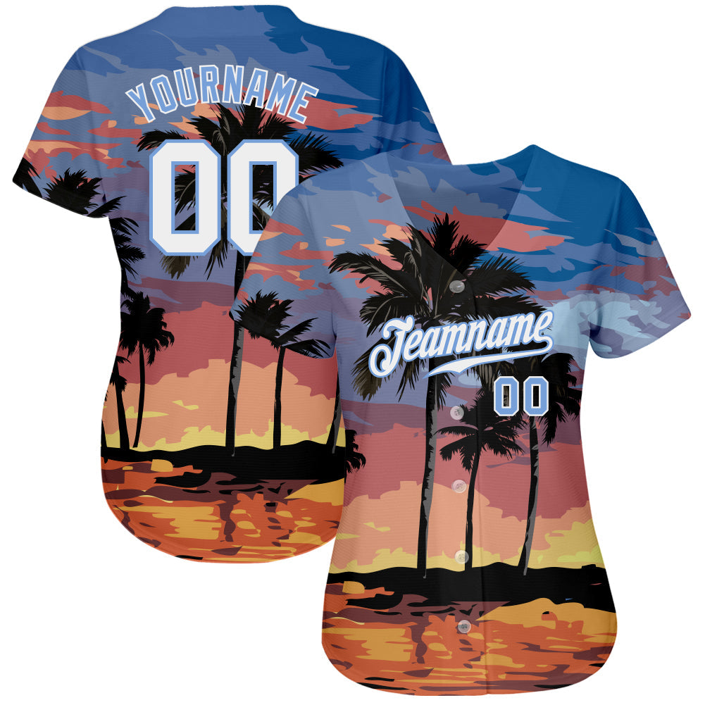Custom Light Blue White-Light Blue 3D Pattern Design Palm Trees Authentic Baseball Jersey view 3