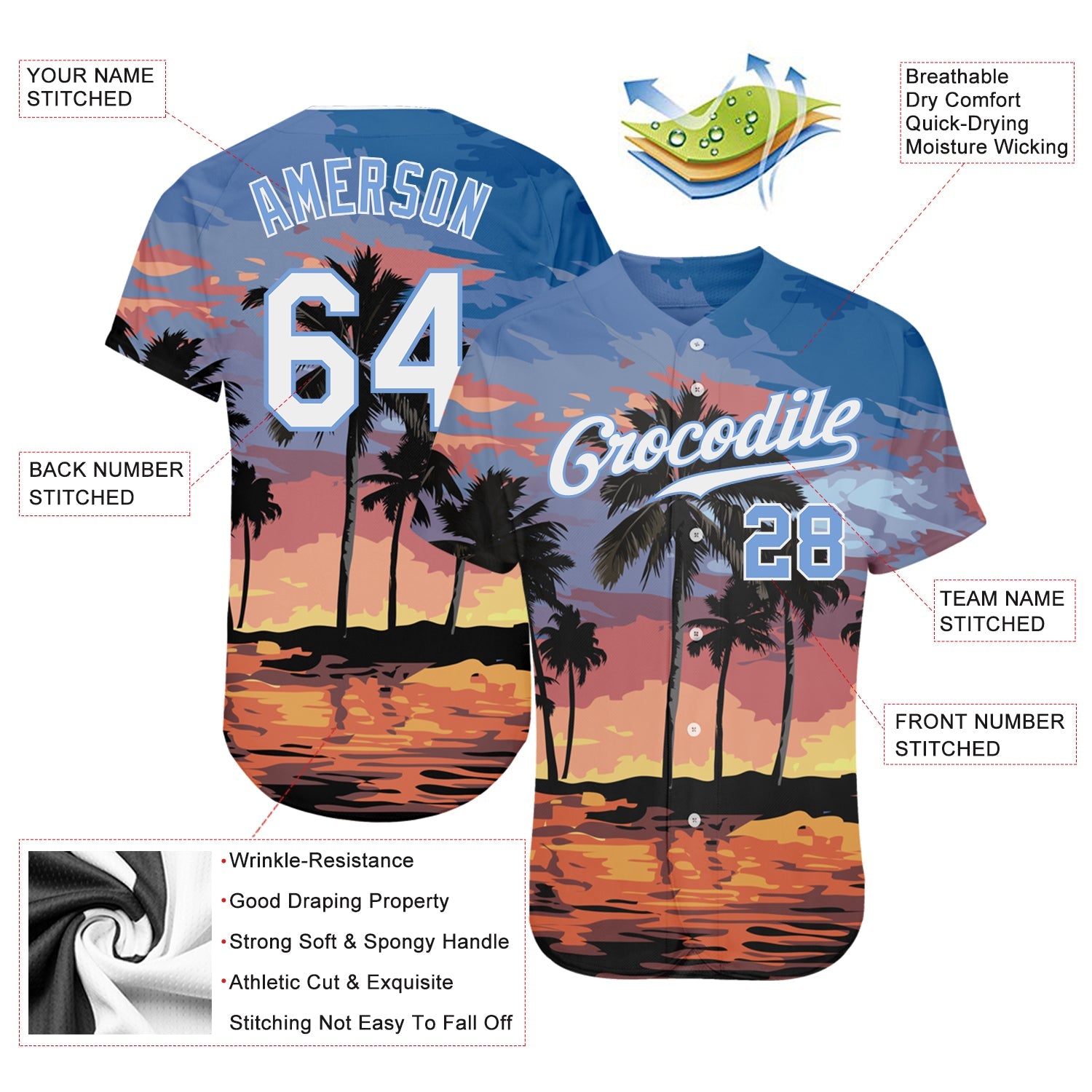 Custom Light Blue White-Light Blue 3D Pattern Design Palm Trees Authentic Baseball Jersey view 4