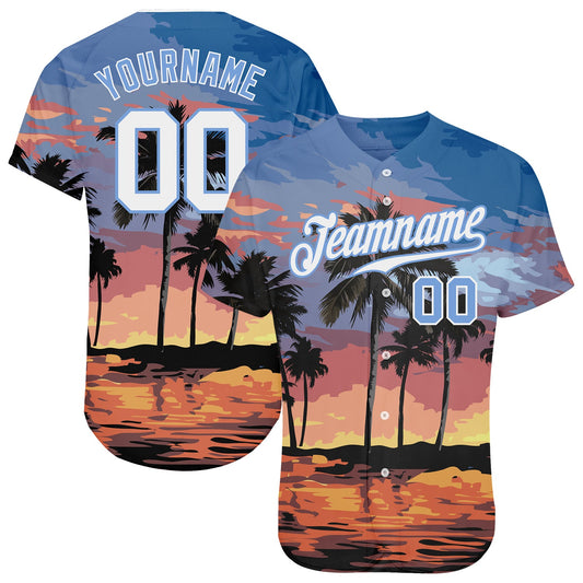 Custom Light Blue White-Light Blue 3D Pattern Design Palm Trees Authentic Baseball Jersey - Main View