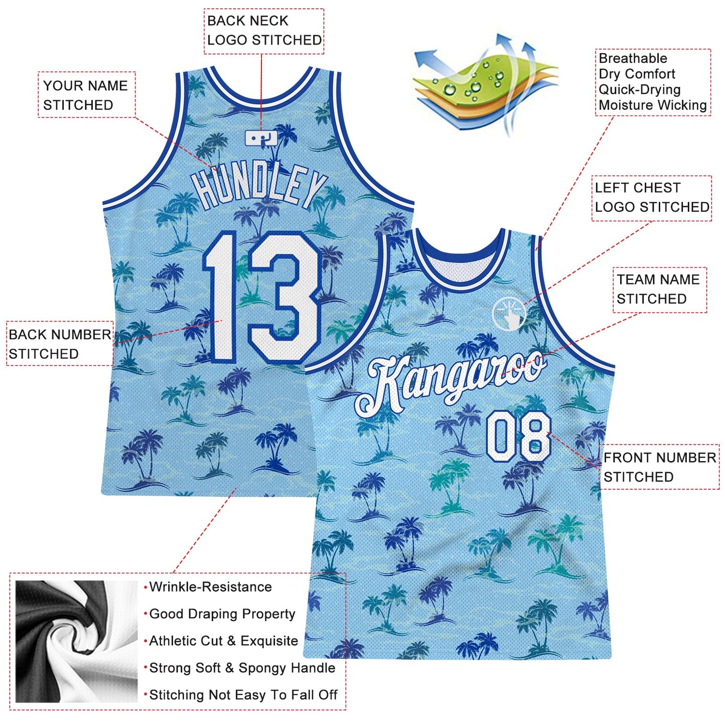 Custom Light Blue White-Royal 3D Pattern Hawaii Palm Trees Authentic Basketball Jersey view 2