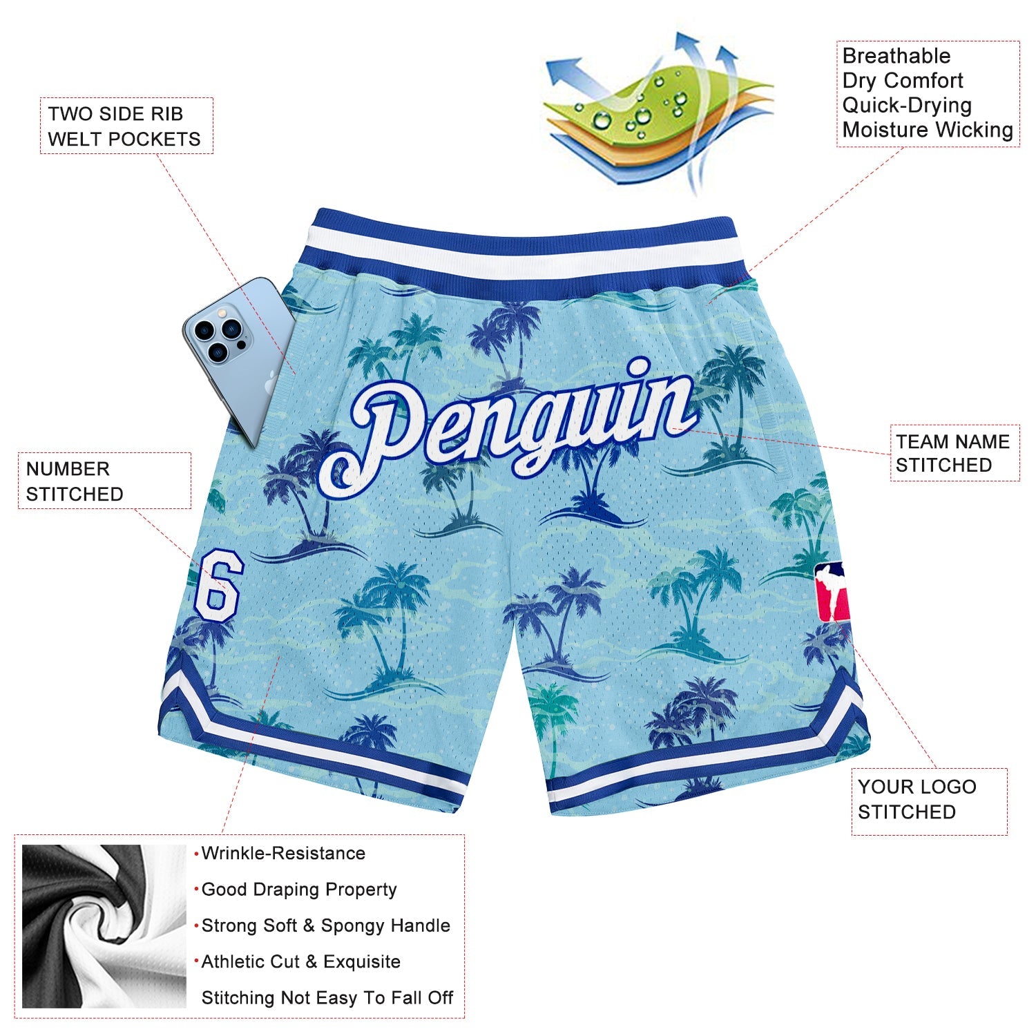 Custom Light Blue White-Royal 3D Pattern Design Palm Trees Authentic Basketball Shorts view 2
