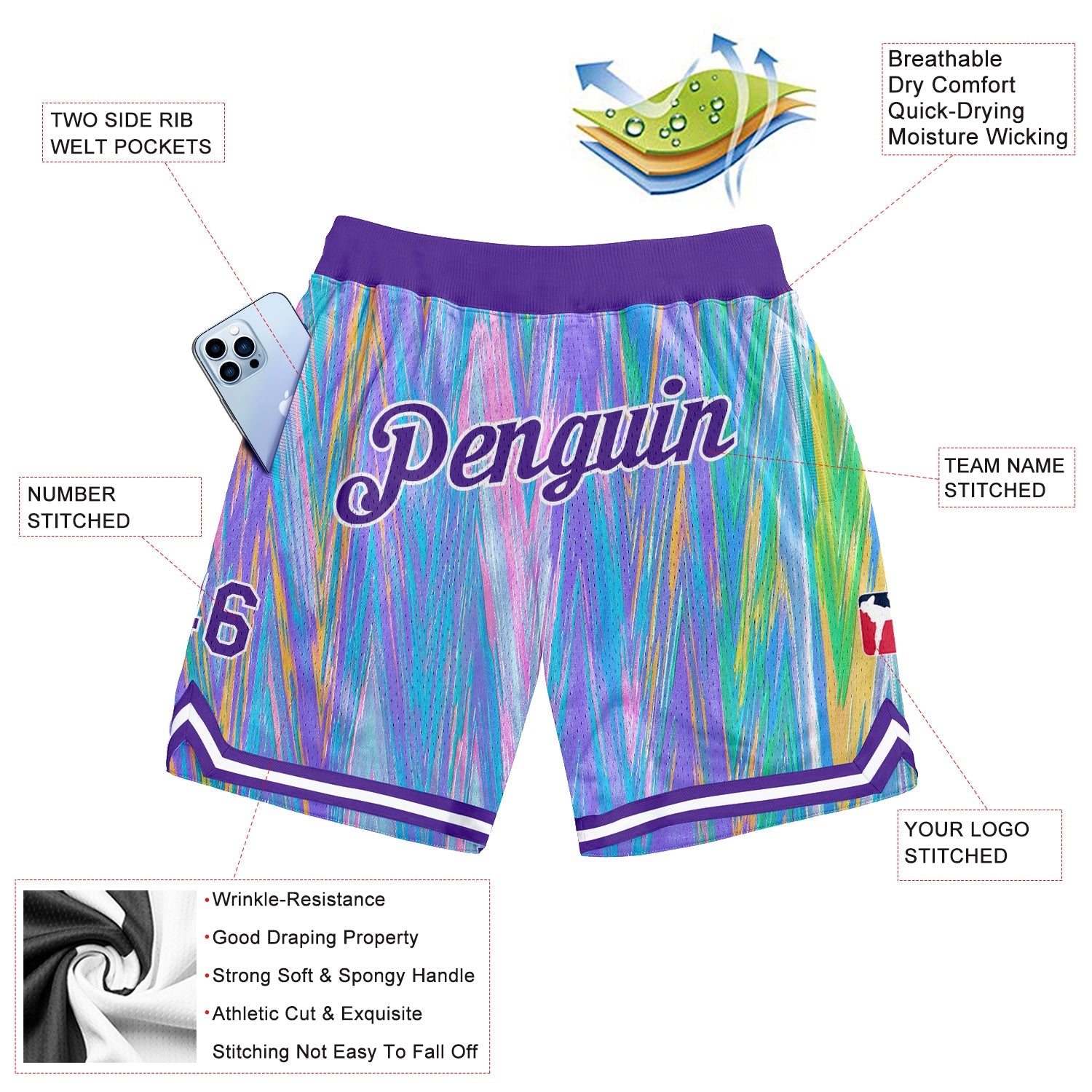 Custom Light Blue Purple-White 3D Pattern Design Zigzag Color Authentic Basketball Shorts view 2