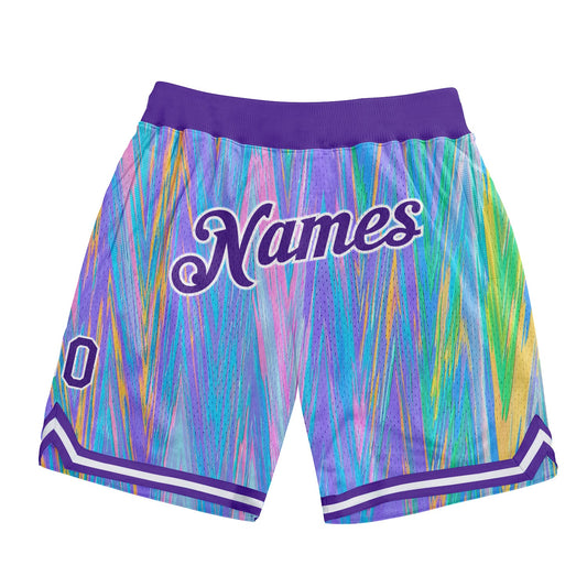 Custom Light Blue Purple-White 3D Pattern Design Zigzag Color Authentic Basketball Shorts - Main View