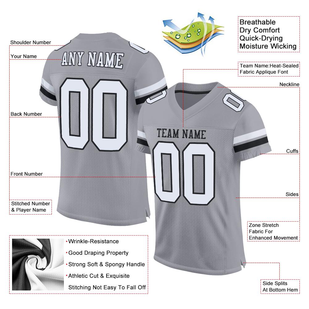 Custom Light Gray White-Black Mesh Authentic Football Jersey view 4