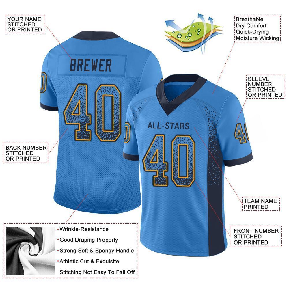 Custom Powder Blue Navy-Gold Drift Fashion Football Jersey view 3