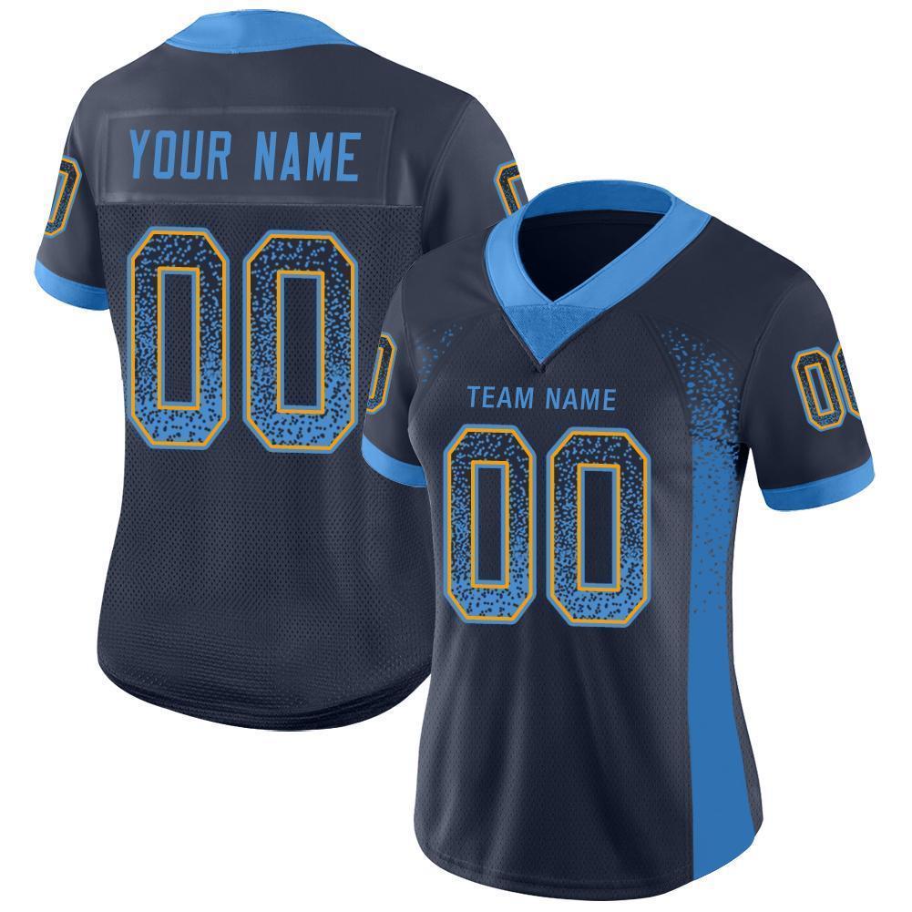 Custom Navy Powder Blue-Gold Drift Fashion Football Jersey view 2
