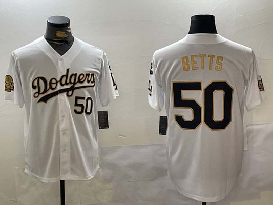 Los angeles dodgers #50 mookie betts white gold 2024 world series with fernando memorial patch limited stitched baseball jersey - Main View