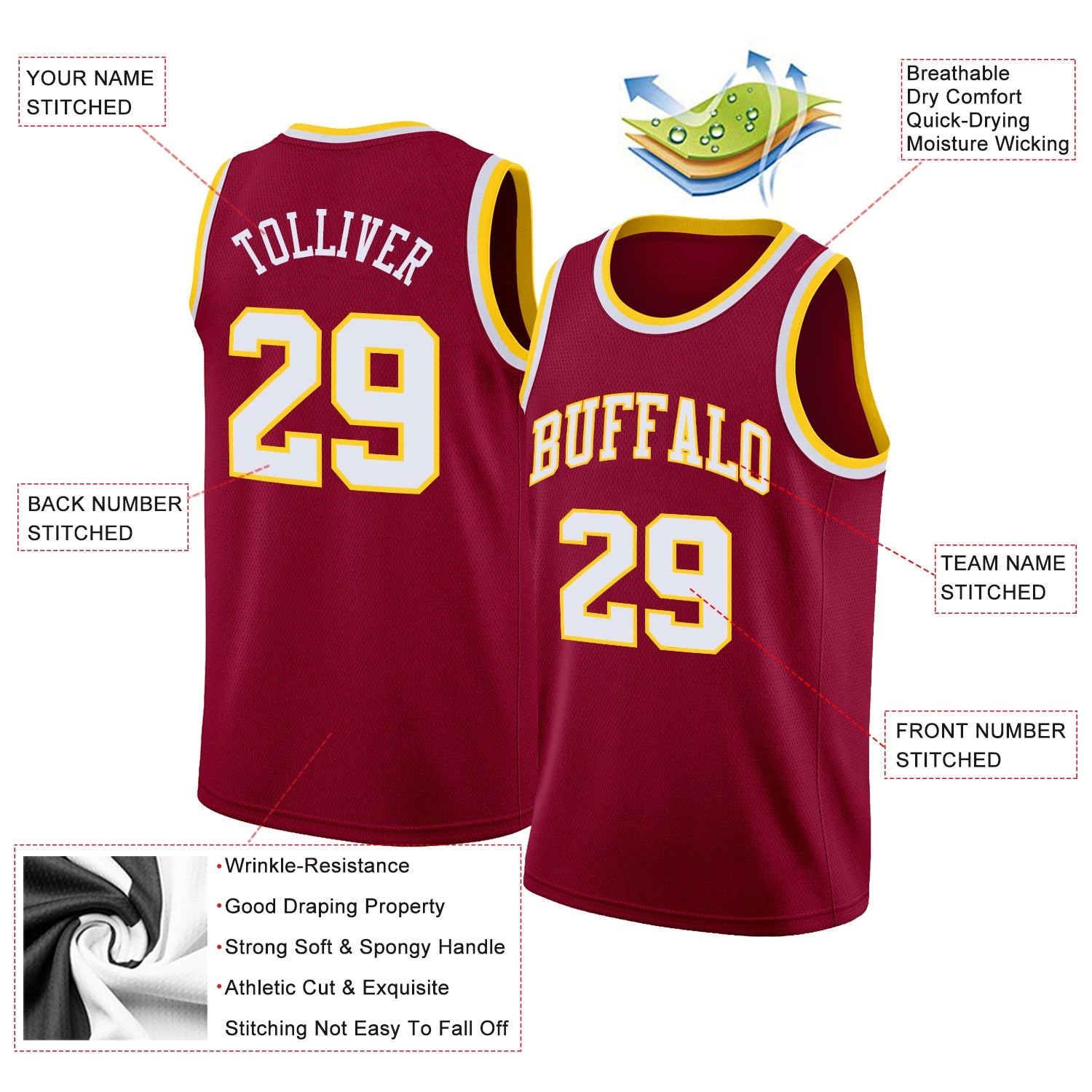 Custom Maroon White-Gold Round Neck Rib-Knit Basketball Jersey view 2