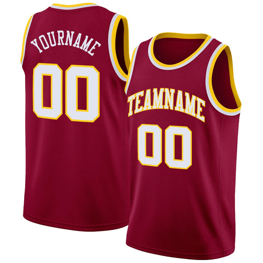 Custom Maroon White-Gold Round Neck Rib-Knit Basketball Jersey - Main View
