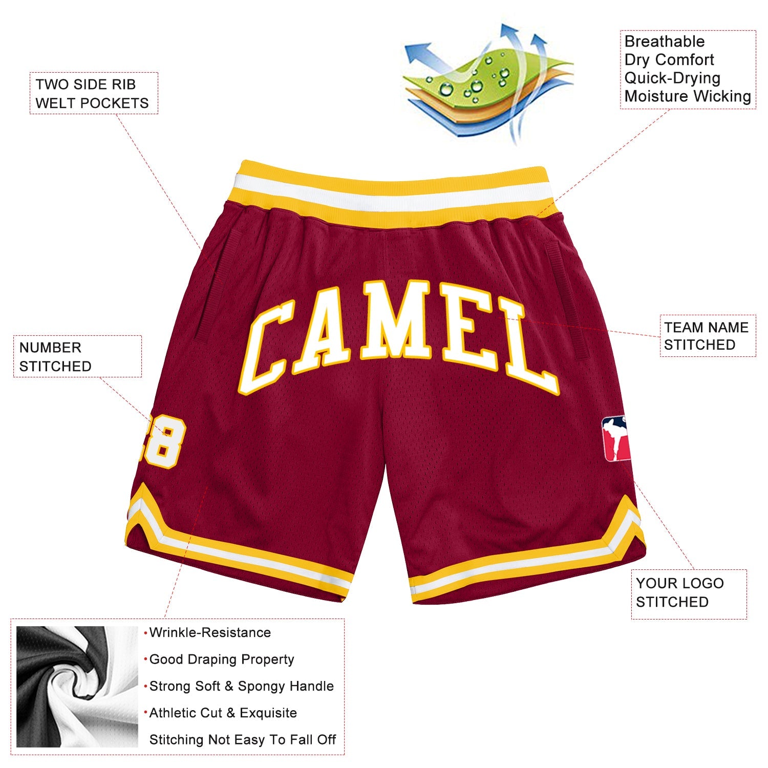 Custom Maroon White-Gold Authentic Throwback Basketball Shorts view 2