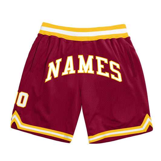 Custom Maroon White-Gold Authentic Throwback Basketball Shorts - Main View