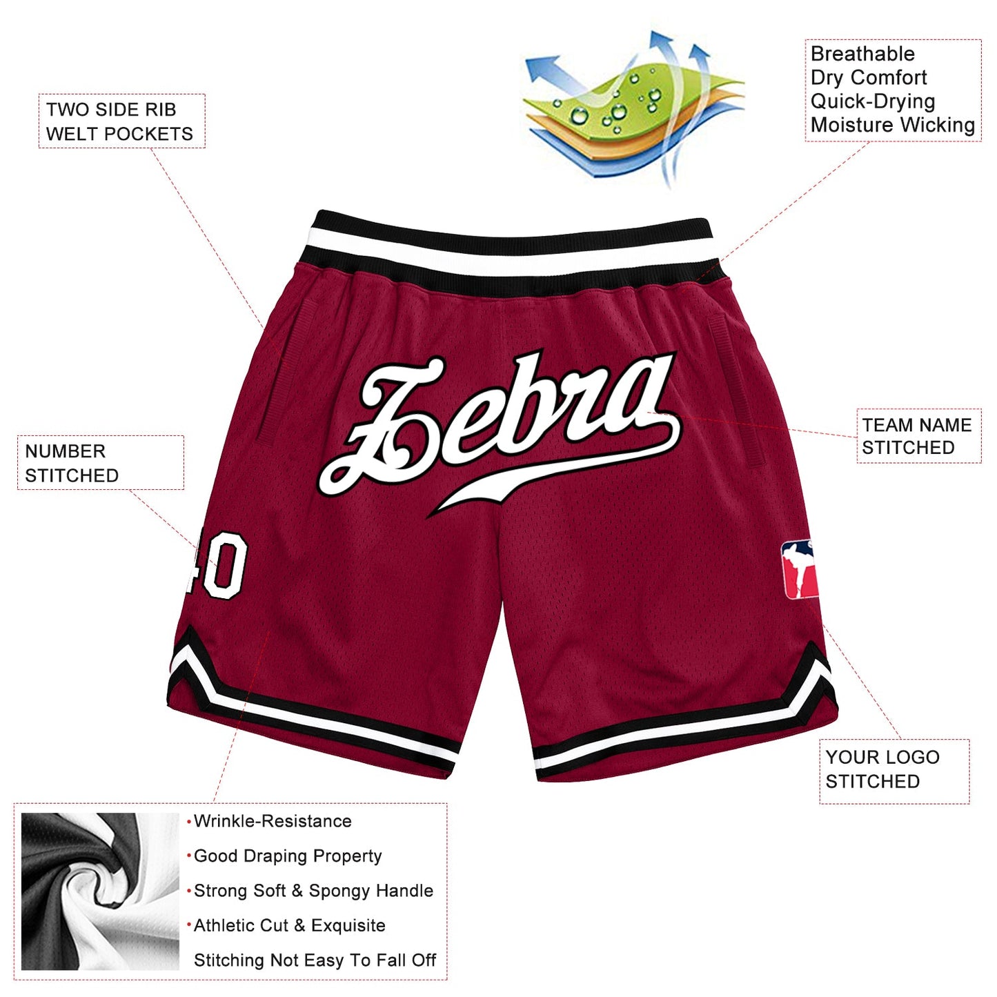Custom Maroon White-Black Authentic Throwback Basketball Shorts view 2