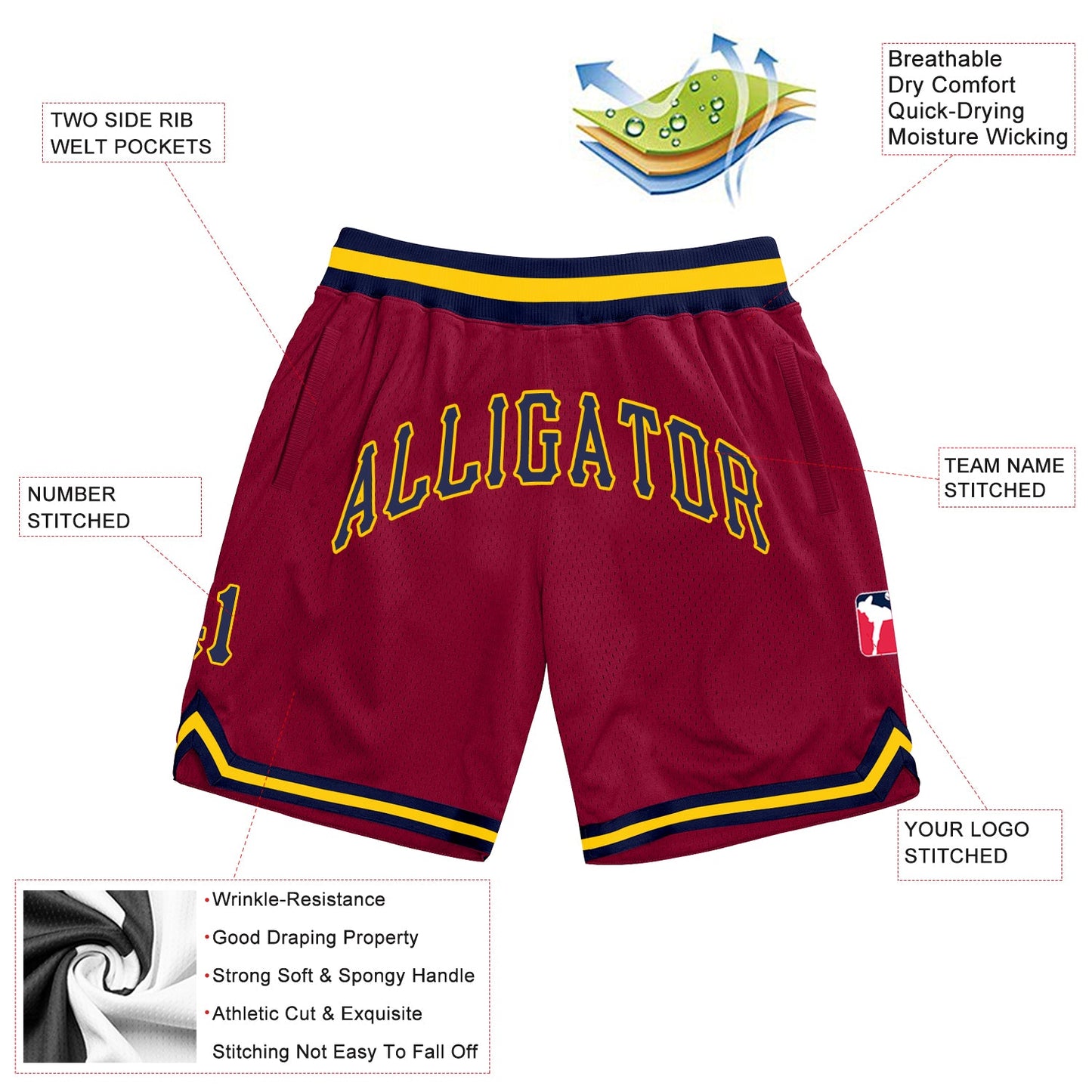 Custom Maroon Navy-Gold Authentic Throwback Basketball Shorts view 2