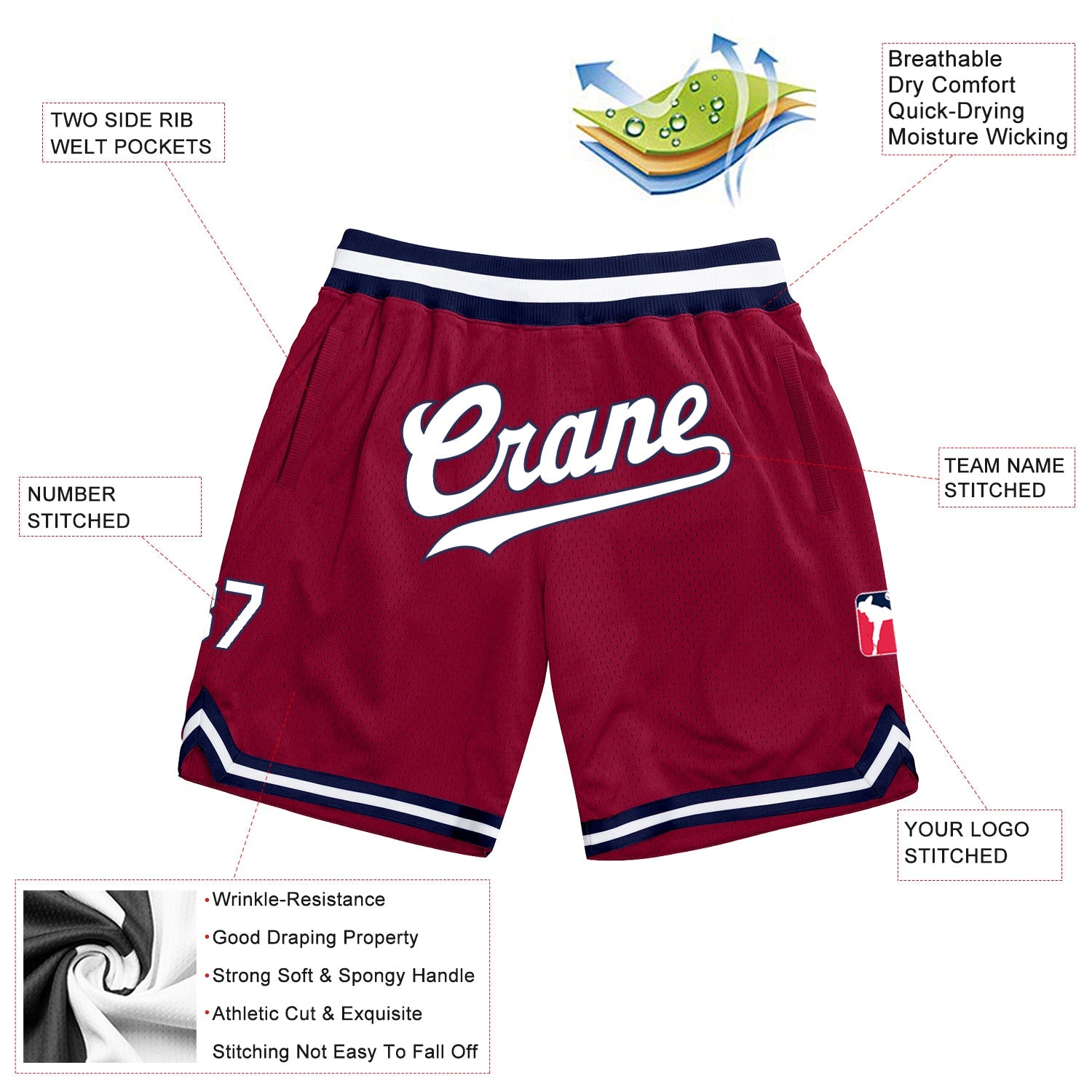 Custom Maroon White-Navy Authentic Throwback Basketball Shorts view 2