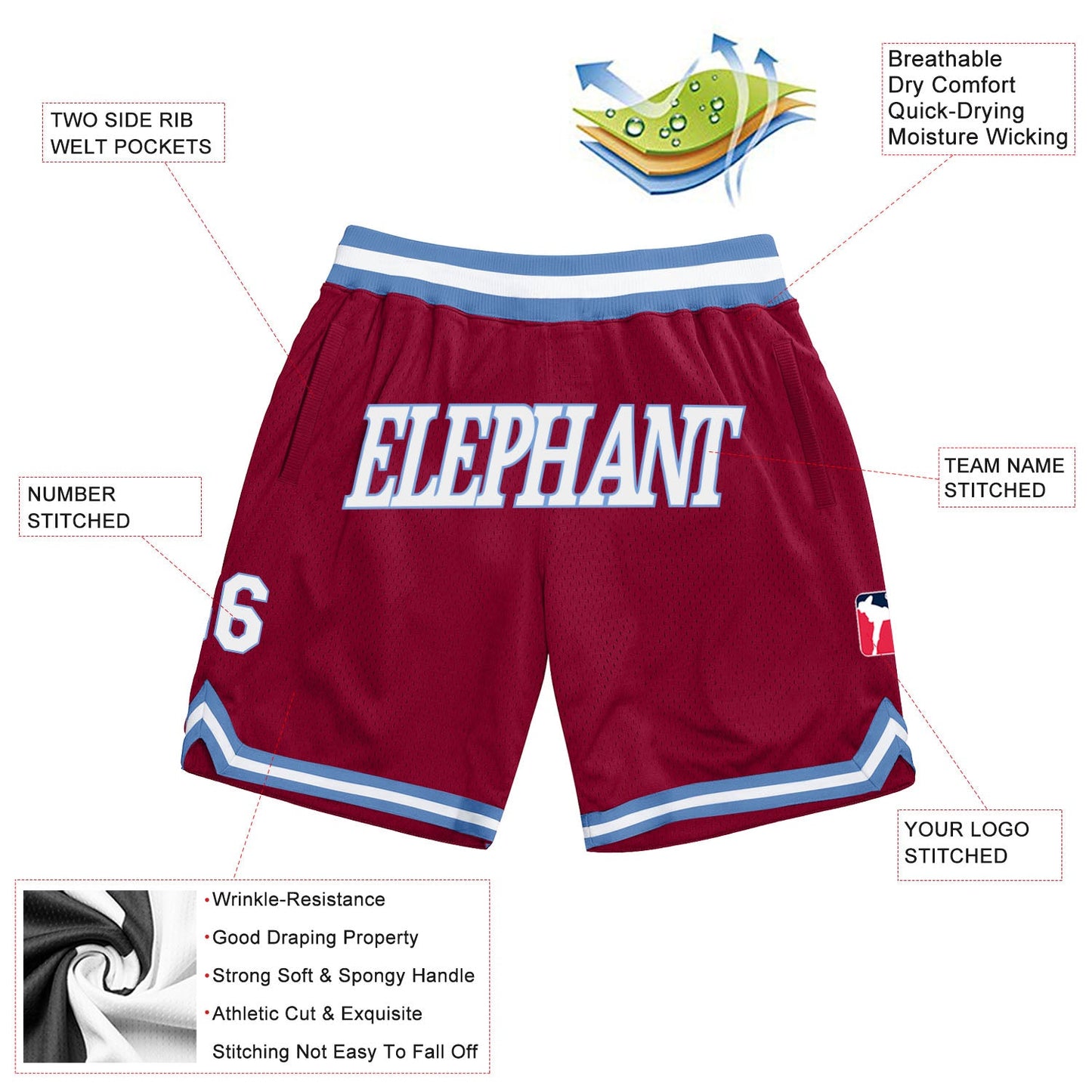 Custom Maroon White-Light Blue Authentic Throwback Basketball Shorts view 2