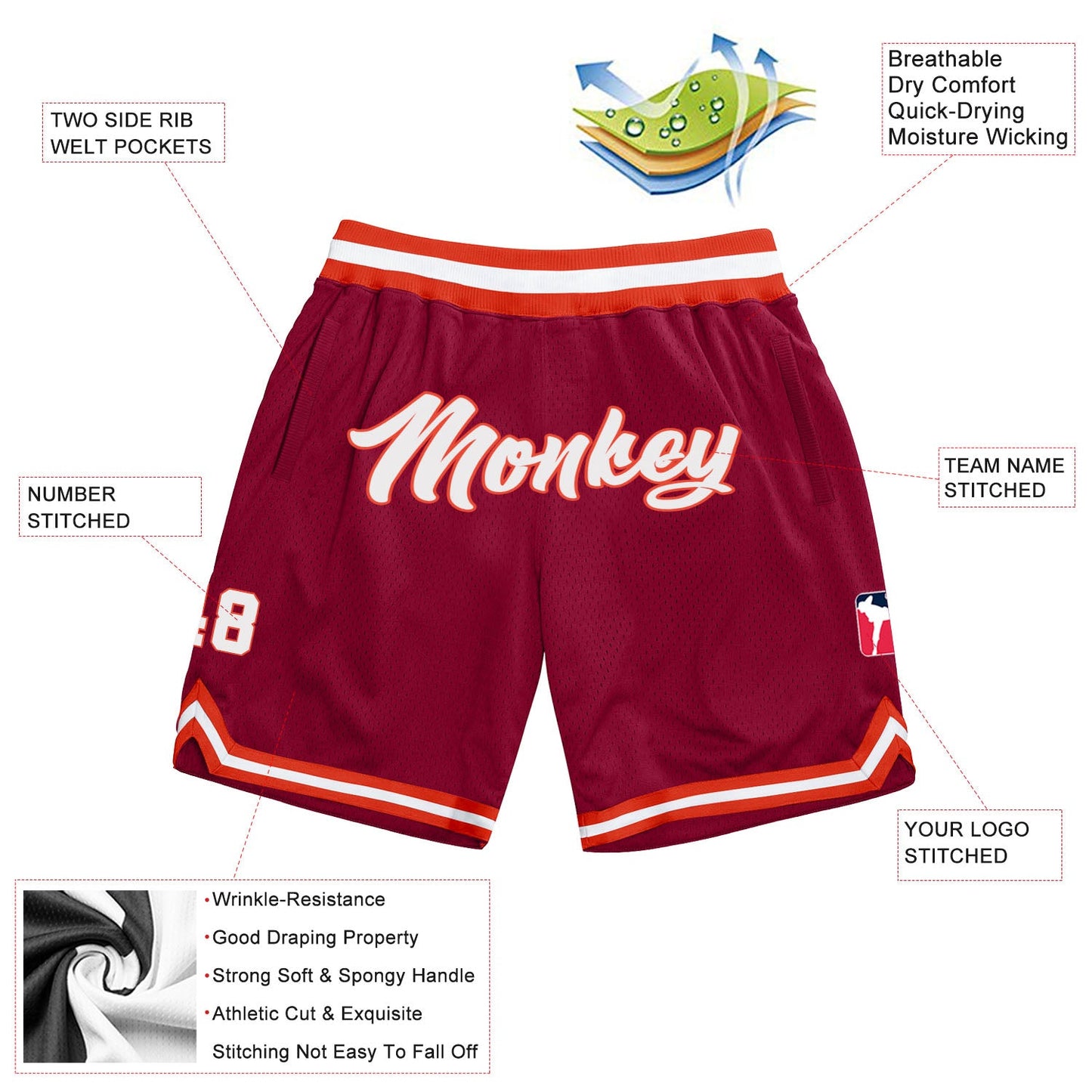 Custom Maroon White-Orange Authentic Throwback Basketball Shorts view 2